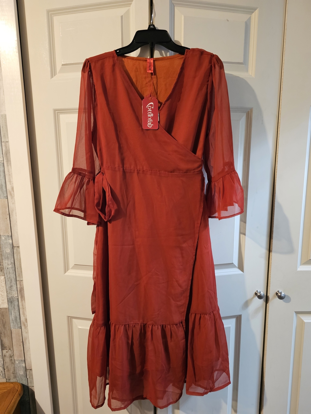 Wrap Midi Dress with Sheer Bell Sleeves - Rust Red Cotton fab NWT XL